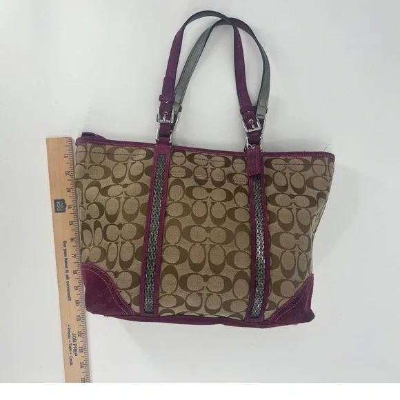 Coach Signature Canvas Tote Suede Trim Purple Interior Shoulder Bag - Picture 10 of 10